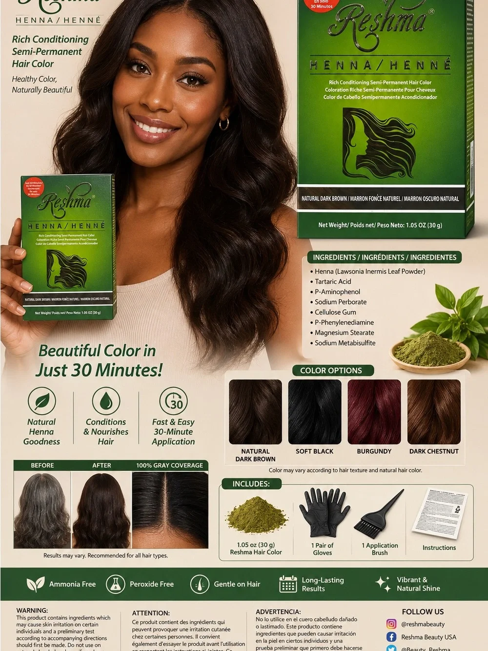 Natural Dark Brown Henna Hair Color - Rich Conditioning Semi-Permanent